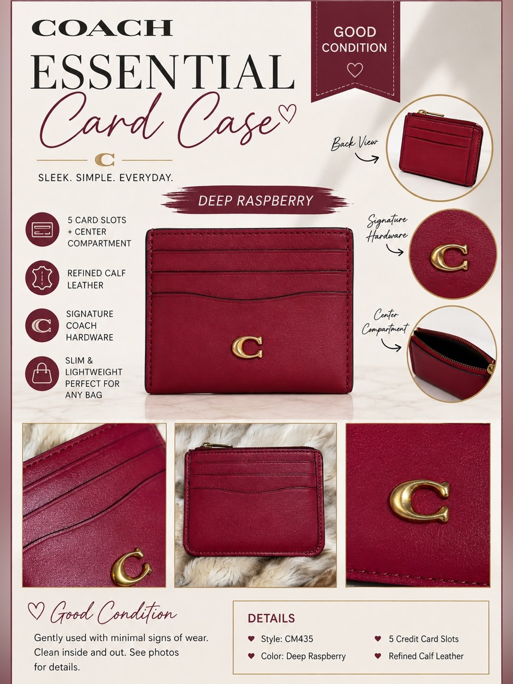 Coach Deep Raspberry Essential Leather Card Case with Gold C Hardware